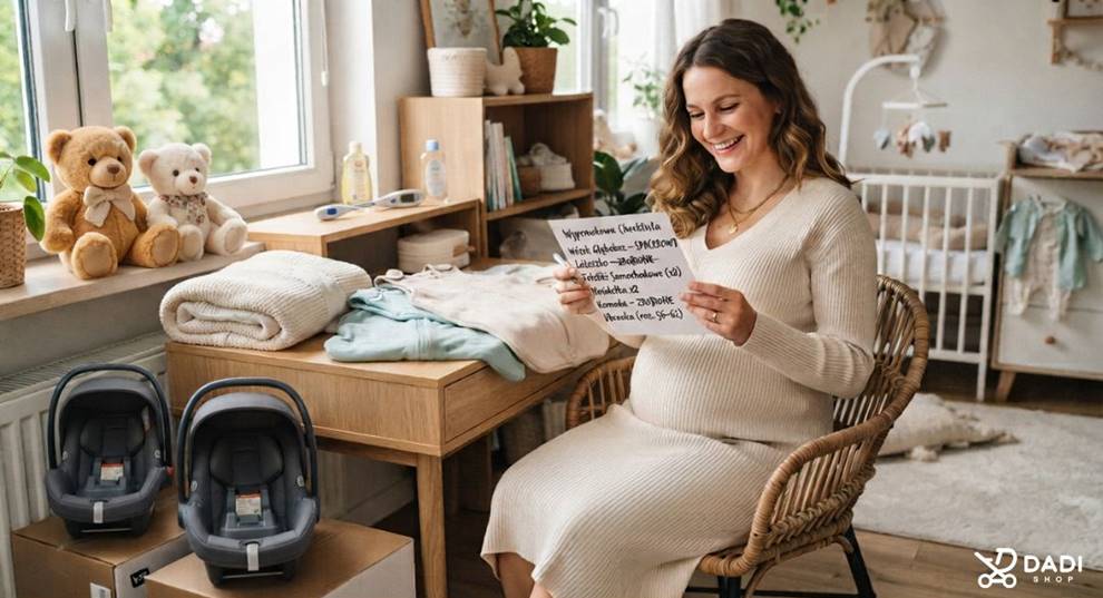 Przyszła mama w pokoju dziecięcym planuje wyprawkę dla bliźniąt i sprawdza listę zakupów.